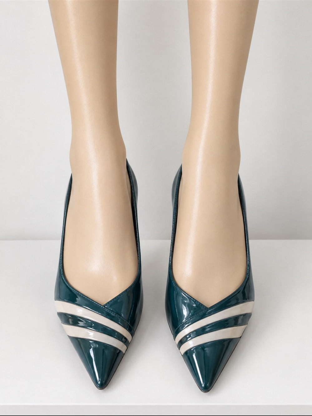 Bruno Magli Blue Smoke Patent Pointed-Toe Pumps with Taupe Stripes, heels 2.5’